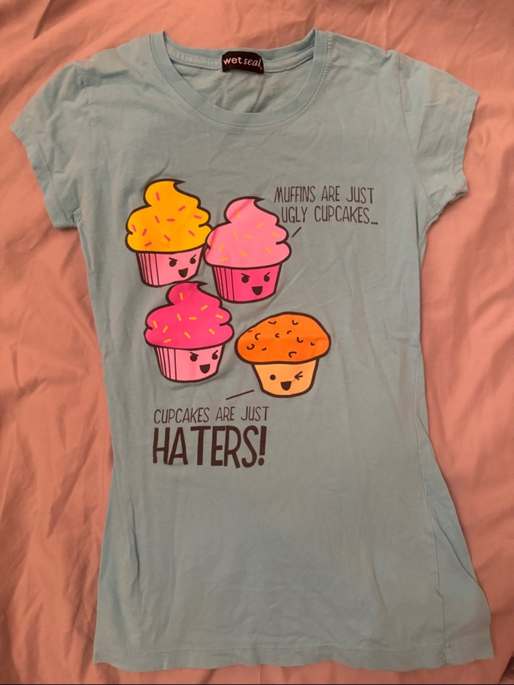 Wet Seal Light Blue Tee with Pink Yellow and Orange Cupcake Graphic